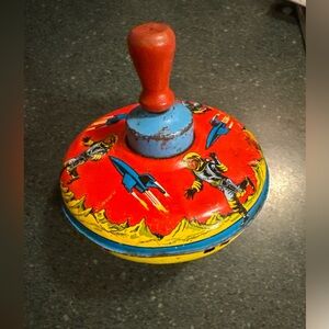 Vintage Buck Rogers Spinning Top Toy 50s 60s Metal & Wood Tin Colorful Ohio Art